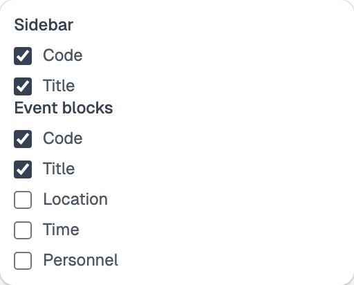 The settings popover, with checkboxes for the sidebar labels and the event block lines
