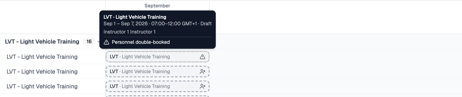 Hovering an event block shows its dates, time, status, assigned instructor and its detected issues