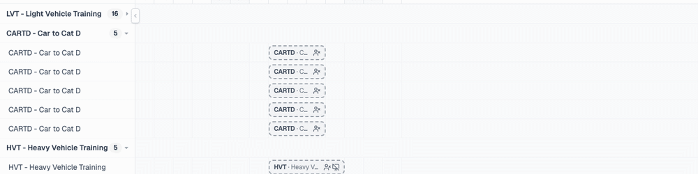 Dragging an event sideways in Courses view, with the day cells previewing green where the dates are clear