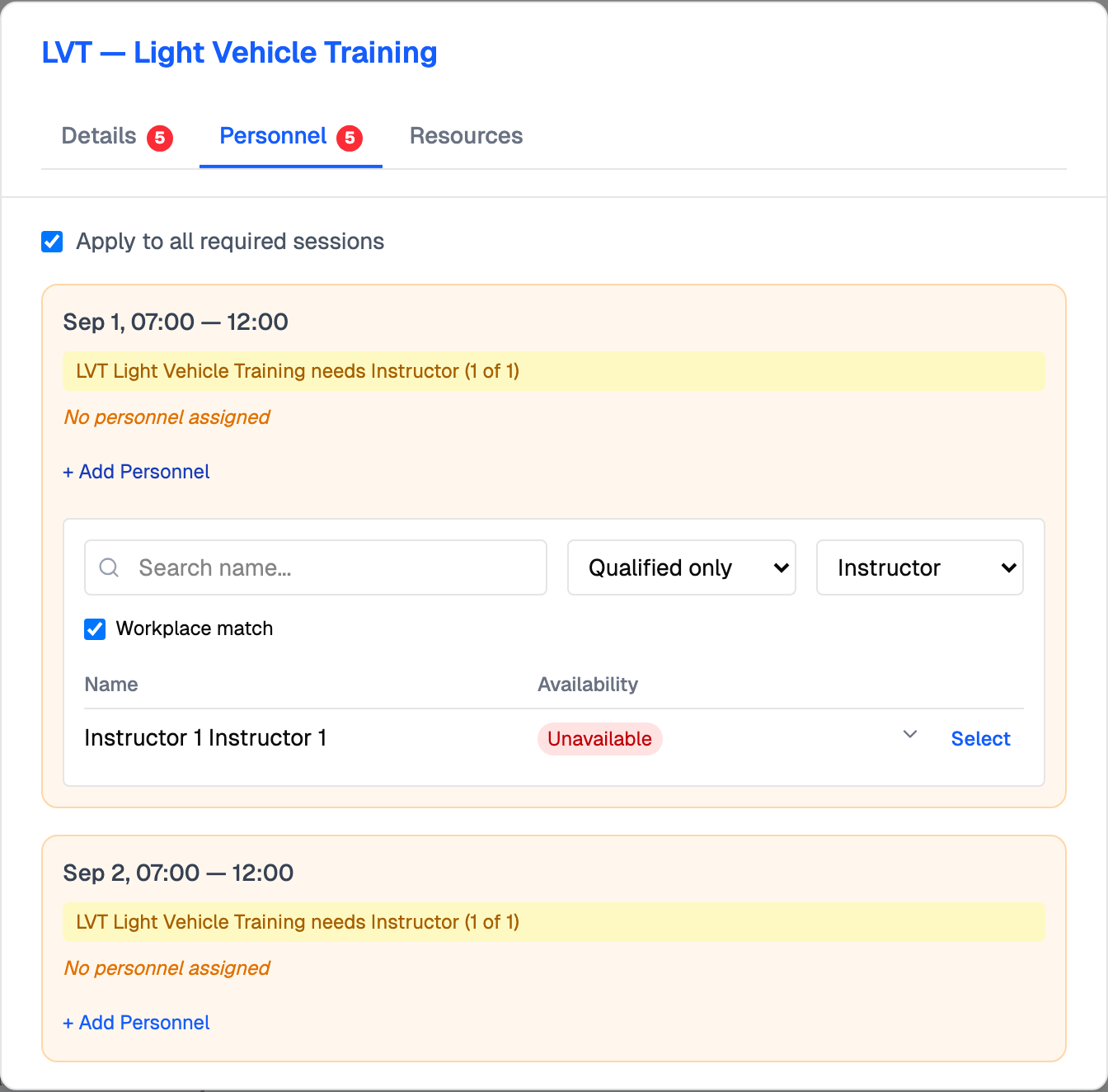 The personnel picker, with eligibility scope, role and workplace-match controls above the candidate list