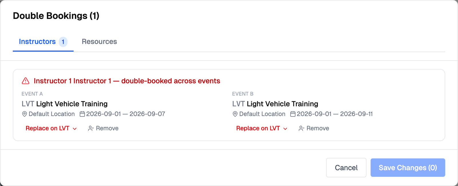 The Double Bookings window, showing a clash with both events side by side and Replace or Remove on each