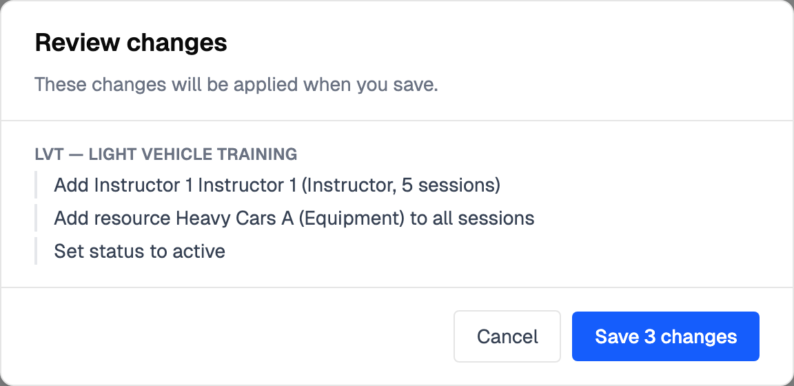The Review changes window, listing the pending changes grouped by event above a Save button