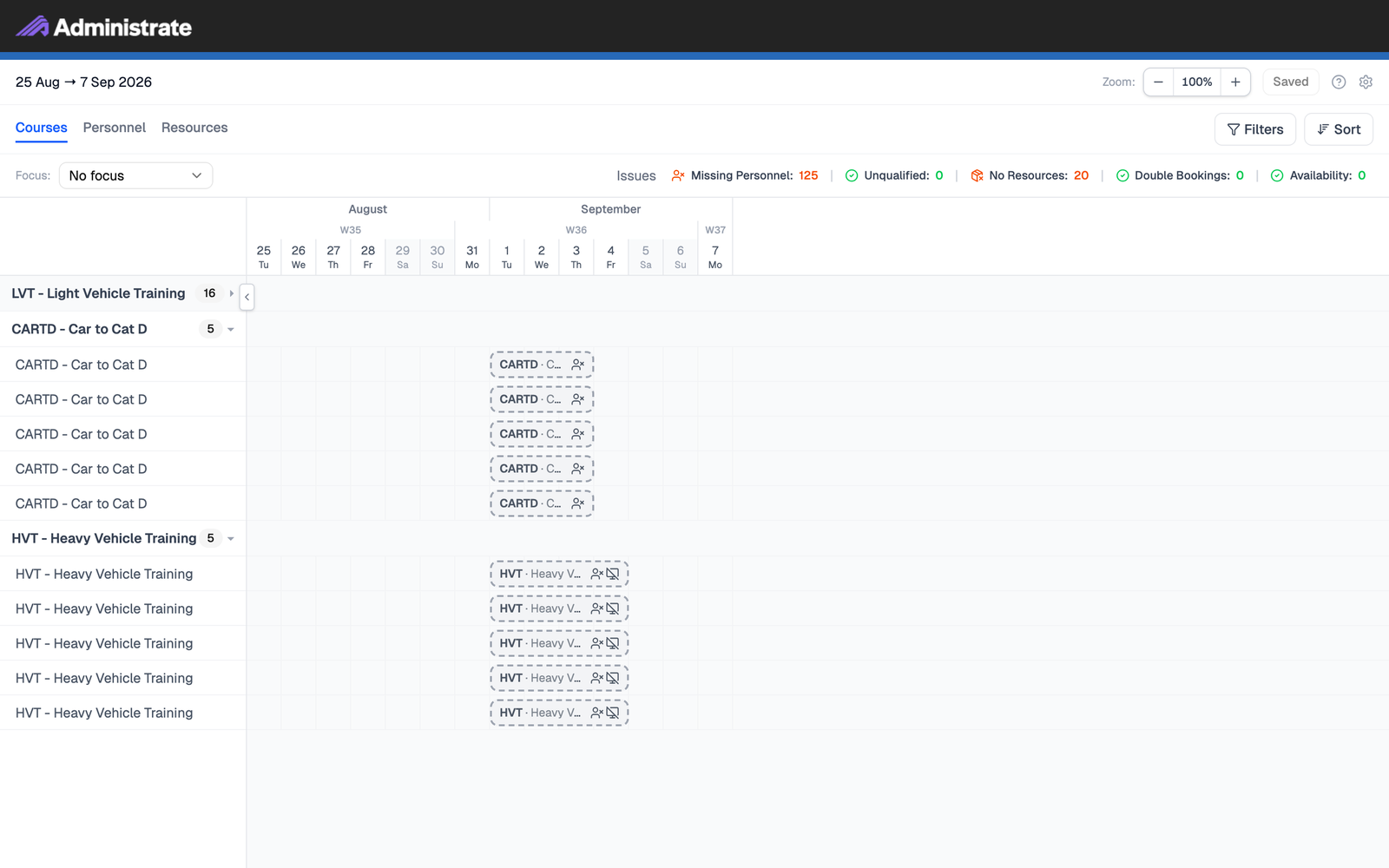 The Calendar board in Courses view, with course groups on the left and a day-by-day timeline on the right