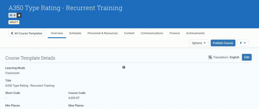 Creating a French translation of a Course Template: choosing French from the Translation control in the Overview tab header, then entering the translated title and course summary and saving