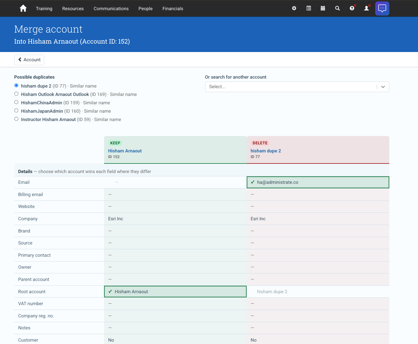 The Merge account screen, listing possible duplicate Accounts above a field by field comparison of the Account being kept against the one being deleted