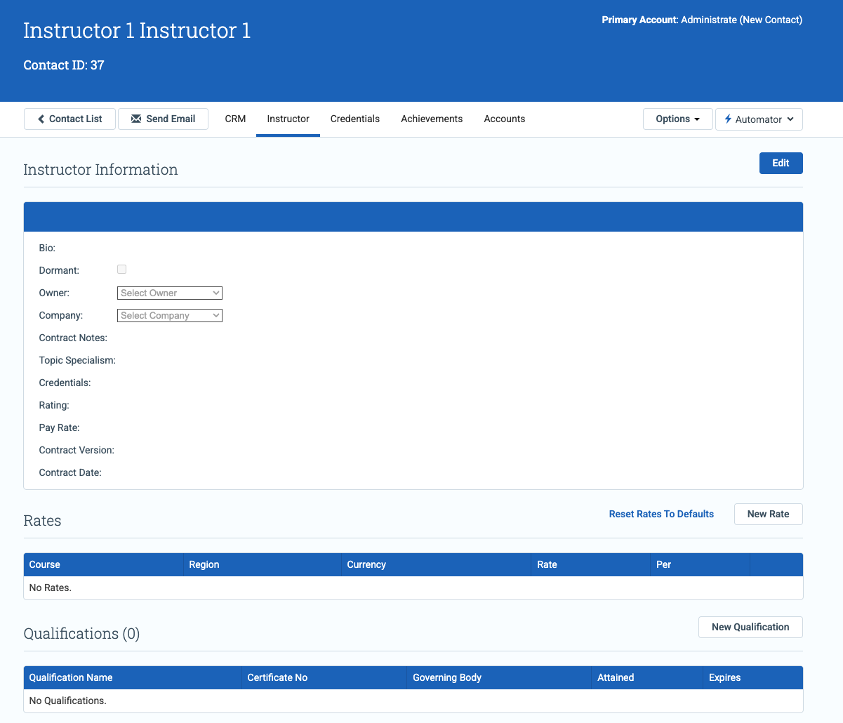 The Instructor tab on a Contact record, with the Instructor Information panel above the Rates table and the legacy Qualifications table