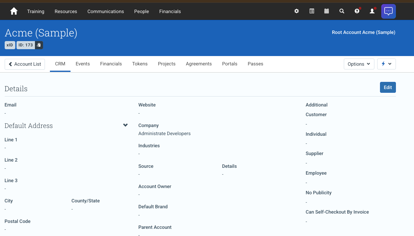 The Account header showing the xID and Account ID pills with a copy button, above the CRM, Events, Financials, Tokens, Projects, Agreements, Portals and Passes tabs
