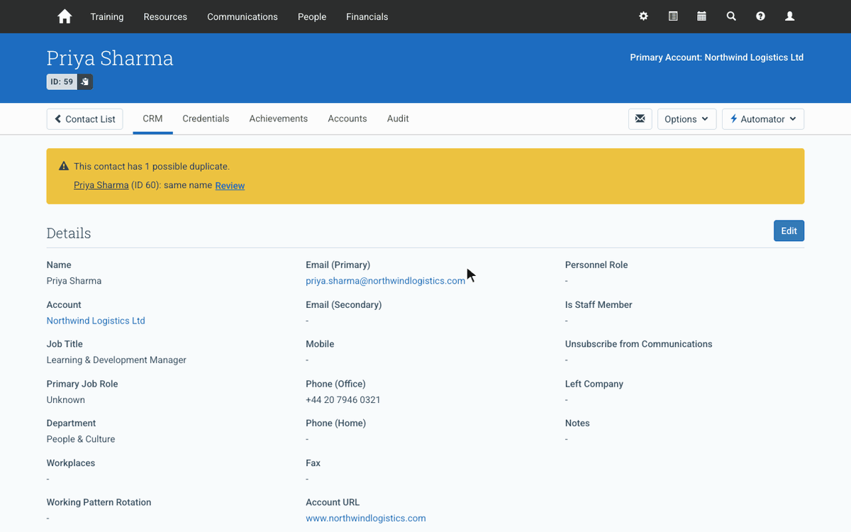 Merging two duplicate Contacts