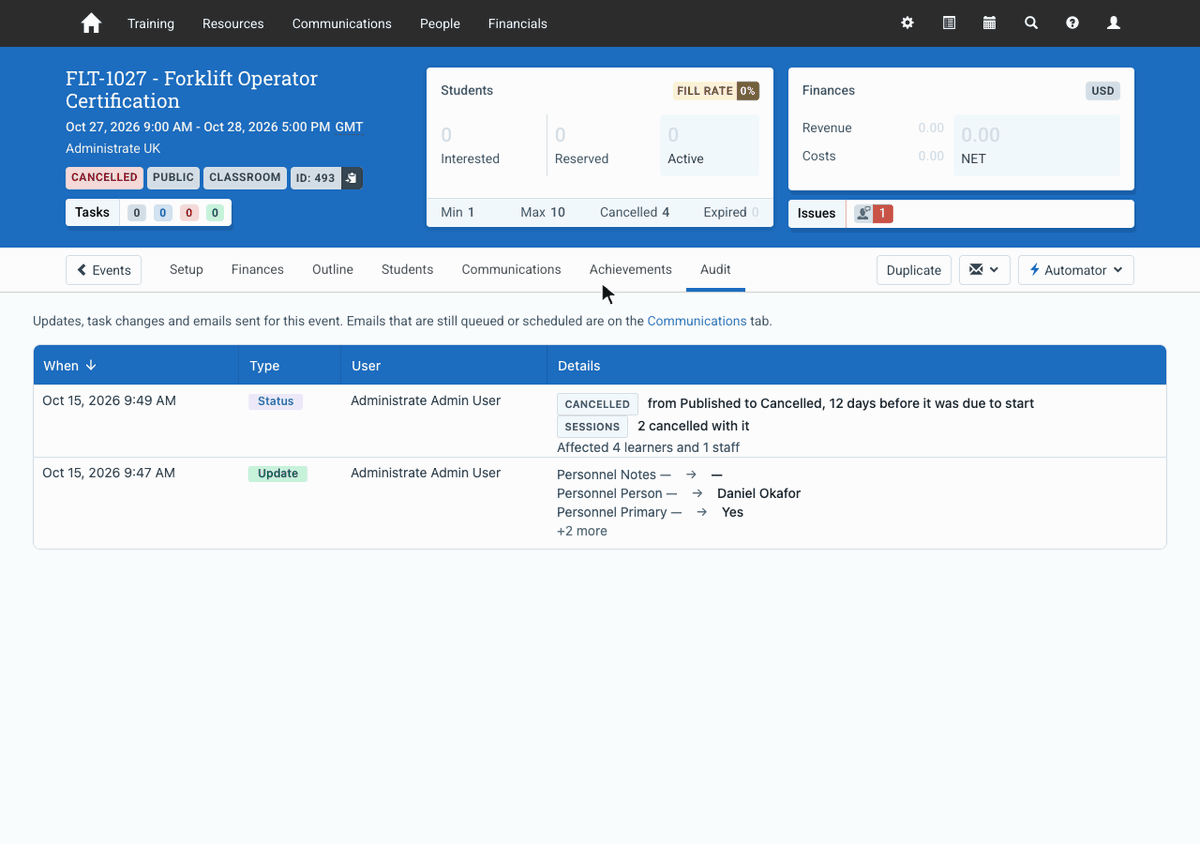 Viewing a cancelled Event in the Audit tab