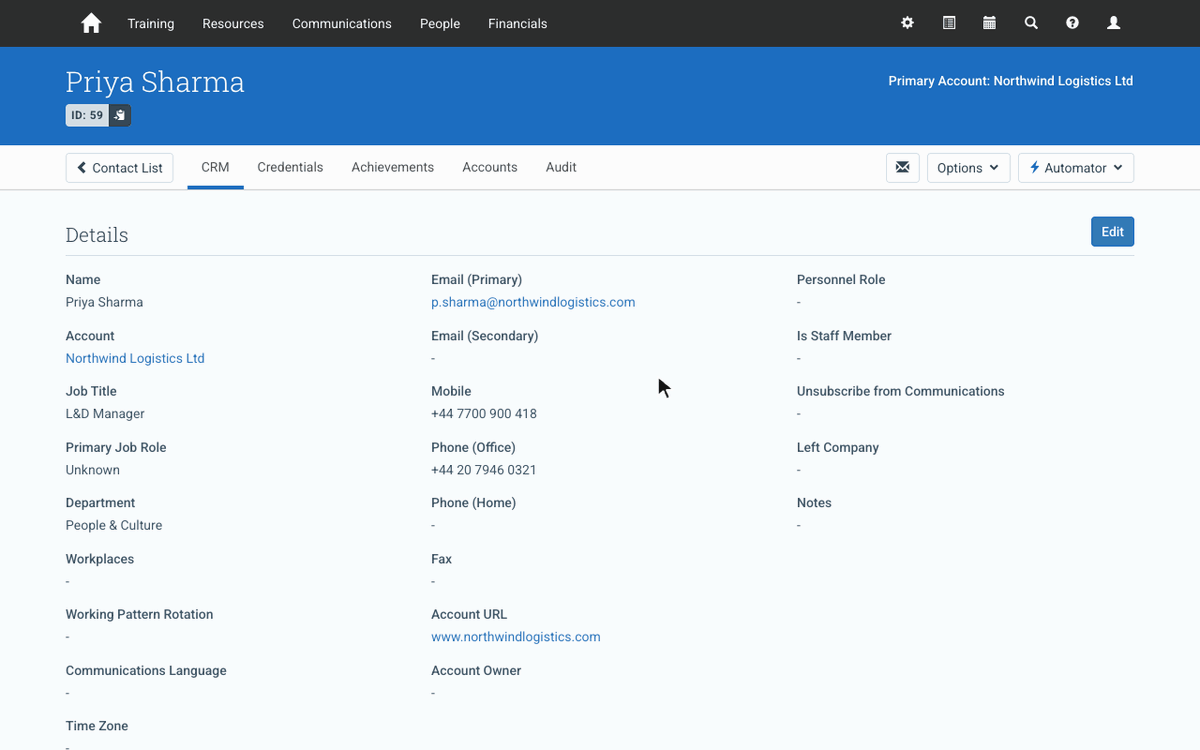 Viewing a merge on a Contact's Audit tab