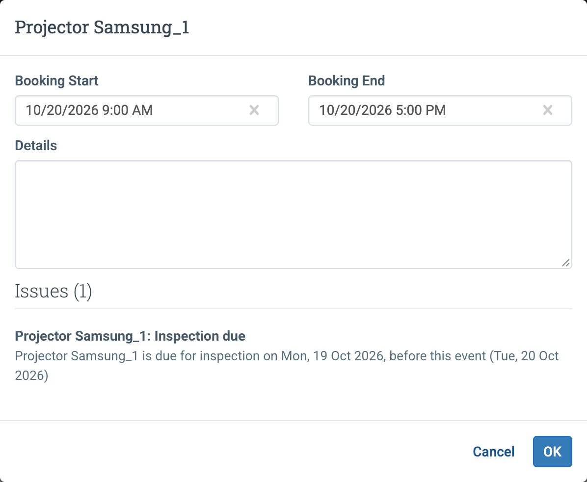 Resource booking window showing the issue