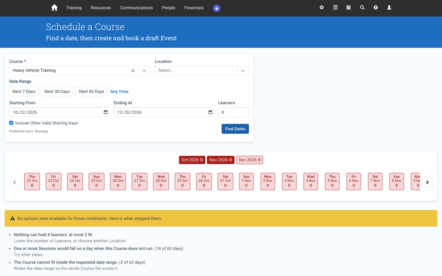Schedule a Course explaining why no options were found