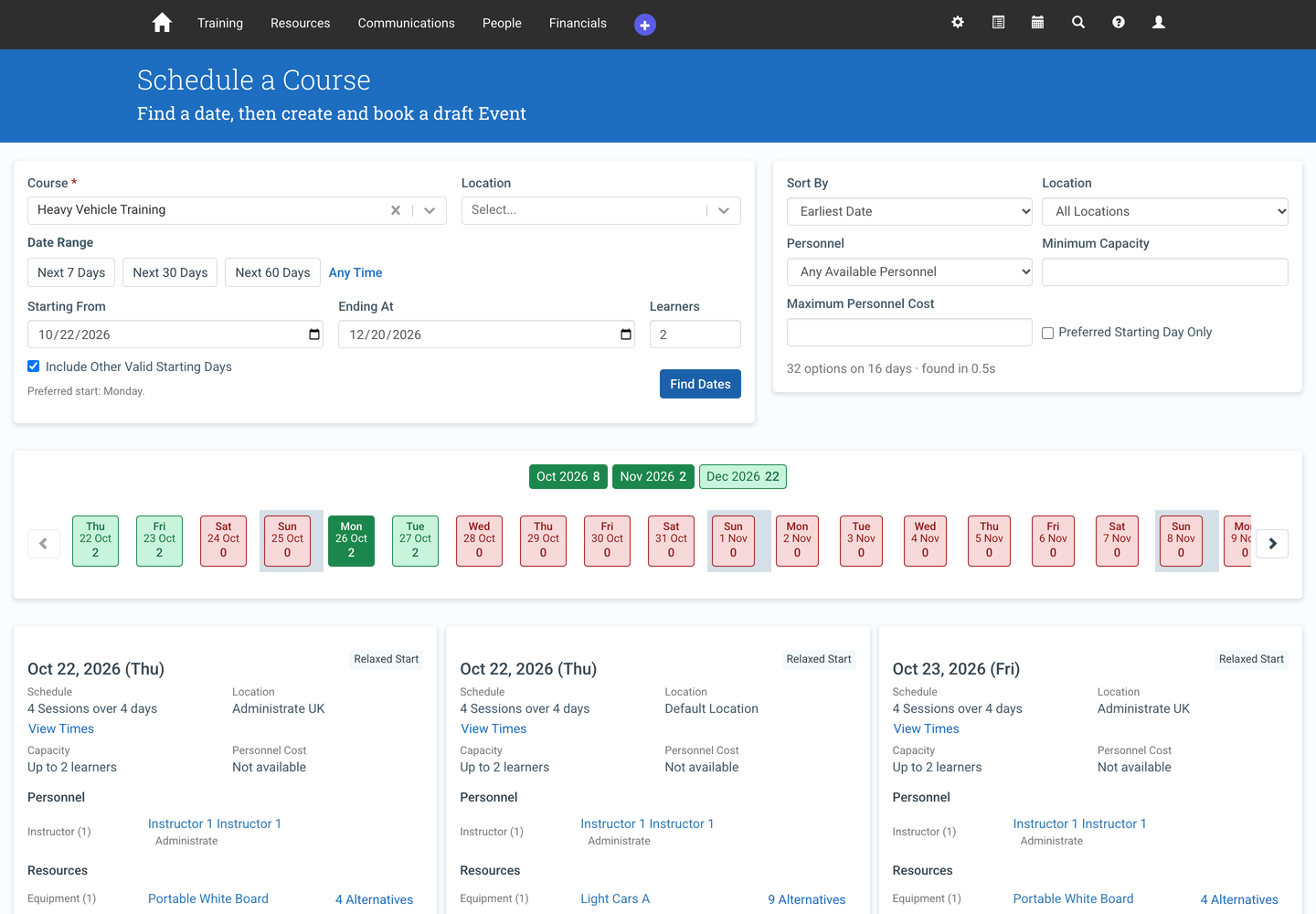 Schedule a Course results, with the day strip and option cards