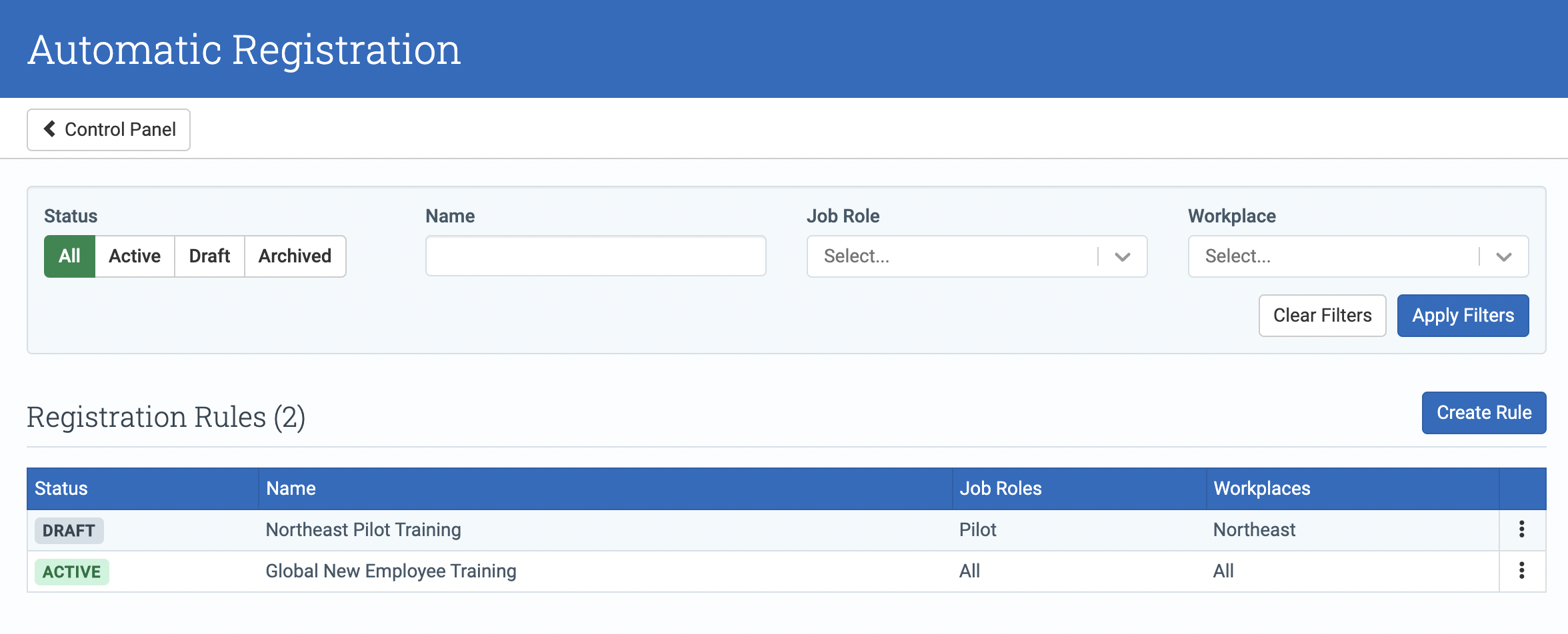 Automatic Registration rules screen