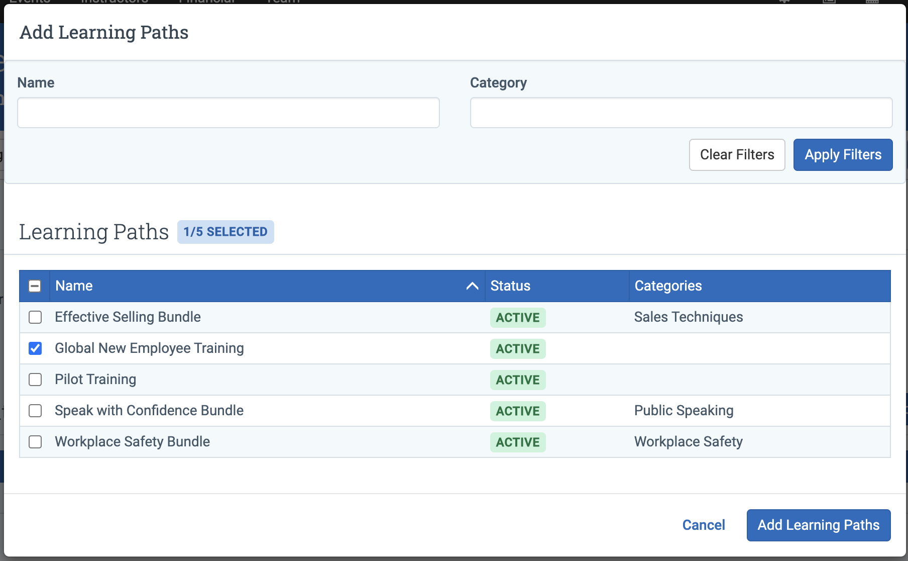 Add Learning Paths dialog