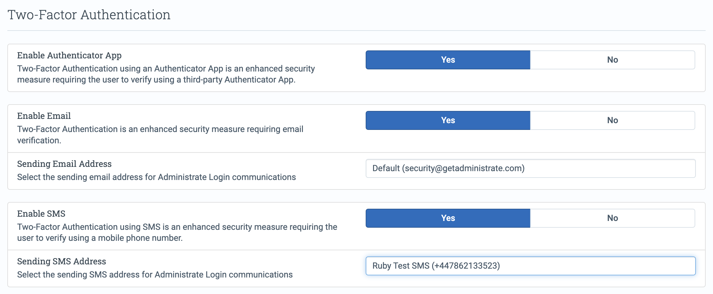 2FA options in Login Configuration